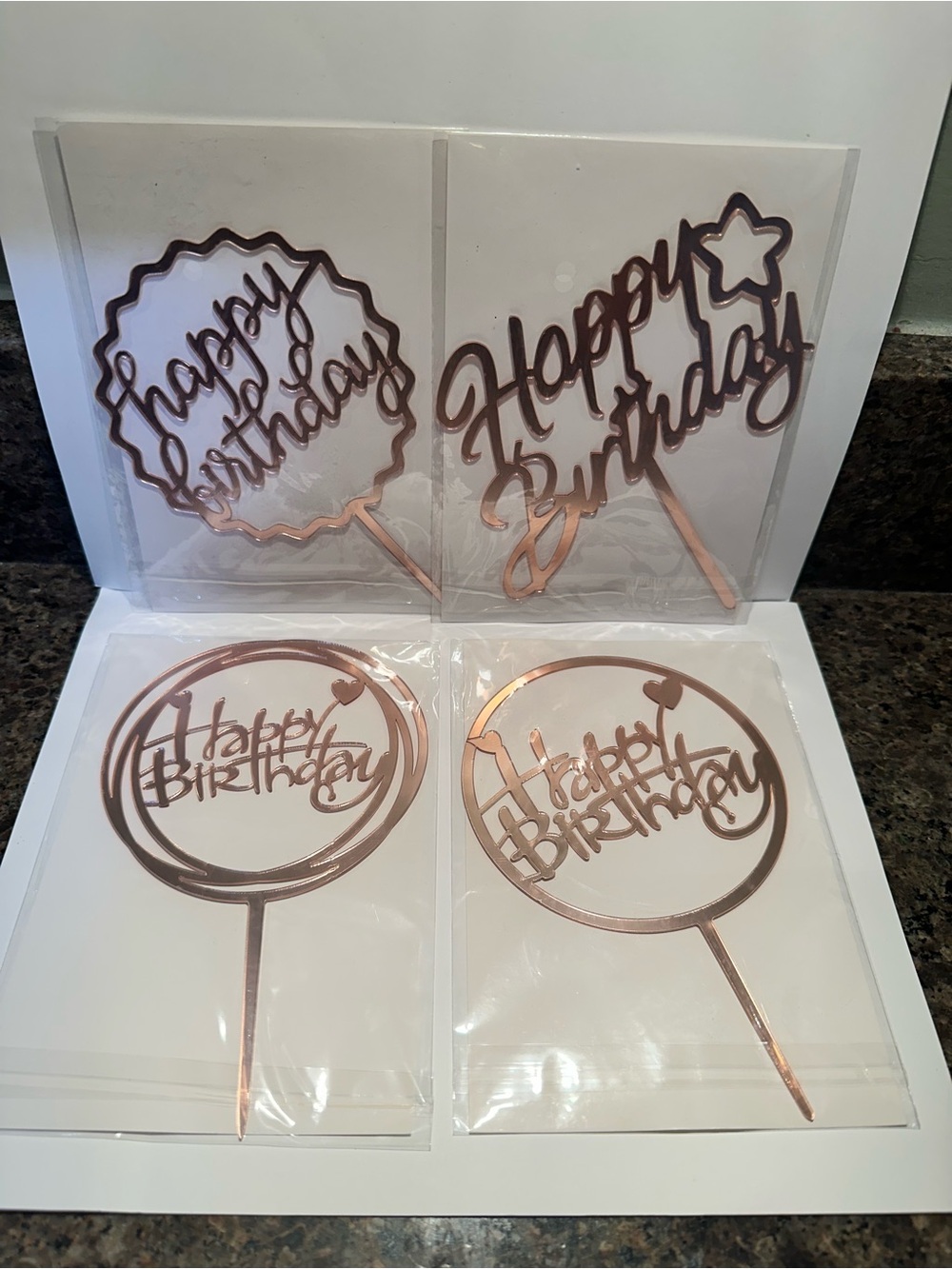 Rose Gold Acrylic Happy Birthday Cake Topper Round Party Decoration Set of 4